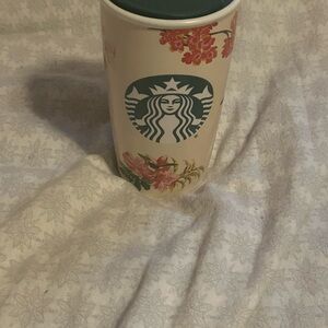 Starbucks Cream Floral Tumbler with Green Lid